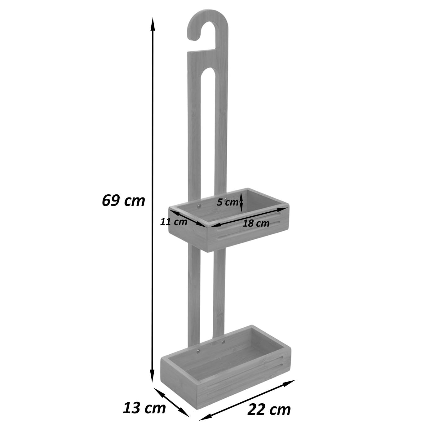 Mensola con 2 cestelli portaoggetti da Appendere Sapone Bagno Doccia HWC-M23 Legno bambù 69x22x13cm
