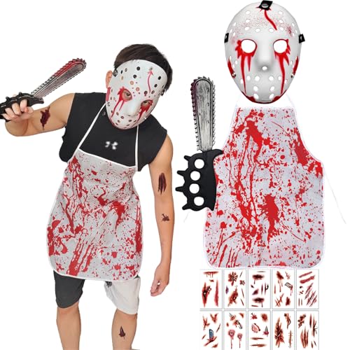 DTAOZFA Disfraz de asesino en serie, disfraz de motosierra de Halloween, disfraz de hombre de terror, máscara de asesinato, motosierra, delantal, tatuaje de cicatrices, pegatinas de Halloween, disfraz