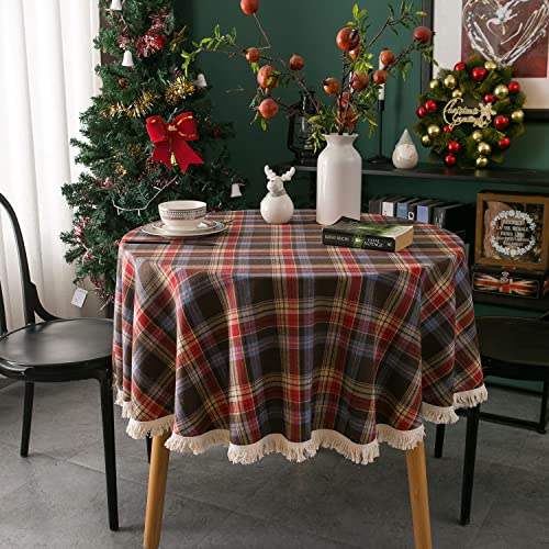 Mantel redondo a cuadros, mantel escocés a cuadros con borlas, mantel de mezcla de algodón con borlas para mesa de comedor de Navidad (rojo/café, 150 cm (redondo))