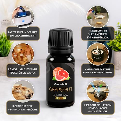 Aromaholik Grapefruitöl BIO 100% naturrein – Ätherische Öle für Diffuser & Aroma Diffuser – Zertifiziertes ätherisches Öl aus Indien – Grapefruit Essential Oils 10ml für Sauna & Massage