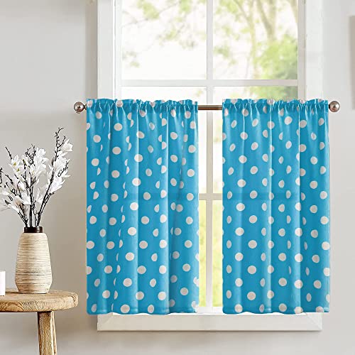 Zen Creative Designs Polka Dots Print Tier Window Valance 2 Piece Set Home Décor Bedroom Nursery Kitchen Window (White on Turquoise)