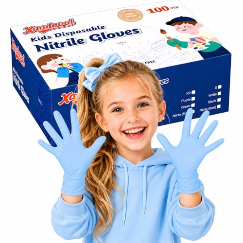 Xandoval Kids Disposable Gloves for 3-8 Years, 5Mil Blue Nitrile Gloves with Latex-Free and Powder-Free, Durable and Protective for Work, Cleaning, Cooking, Gardening (XS,100PCS)
