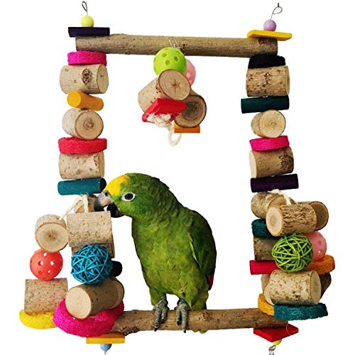 Bonaweite Extra Large Bird Chewing Swing Toy with Colorful Rattan Balls and Natural Dyed Wooden Blocks for Medium, Large Parrot, Metal Hook to Easily Place onto The Bird Cage or Bird Stand Playground