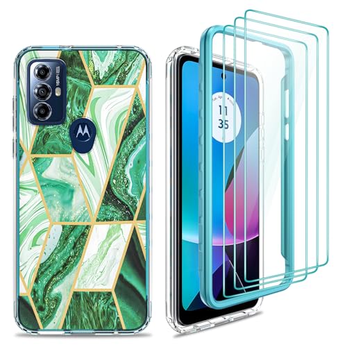 Motorola Moto G Play (2023)/ Moto G Power (2022)/Motorola G Pure Case with [3X Tempered Glass Screen Protector], Hard PC Bumper + SOFE TPU Shockproof Armor Impact Hybrid Marble Colorful Case - Green