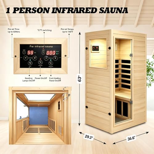 Image of LTCCDSS 1 Person Compact Infrared Sauna, 905W Low EMF Far Infrared Sauna Indoor Sauna, European Aspen Wooden Sauna for Home with Bluetooth Speakers, 36.6 * 29.3 * 63, Left-Door