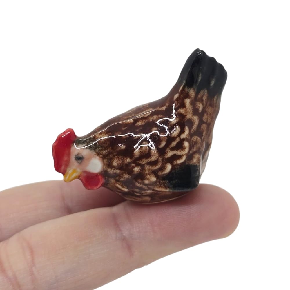 WitnyStore 1⅜" Rhode Island Red Bend Down Hen Chicken Rooster Ceramic Fowl Bird Figurine Terrarium Decoration Collectible Statue for Adult Collector Handcrafted Porcelain Sculpture Home Tabletop Decor