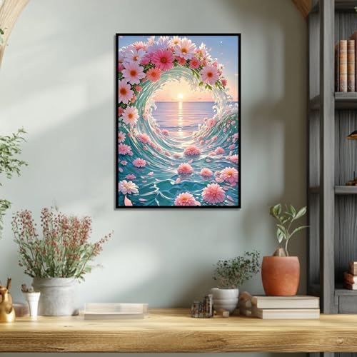 Image of AiYuanzsh Sunset Ocean Diamond Art Kits for Adults, Flower Waves Diamond Painting Kits for Adults Beginners, 5D DIY Full Drill Round Rhinestone Gem Art Crafts Paintings for Home Wall Decor 12 inchx16 inch