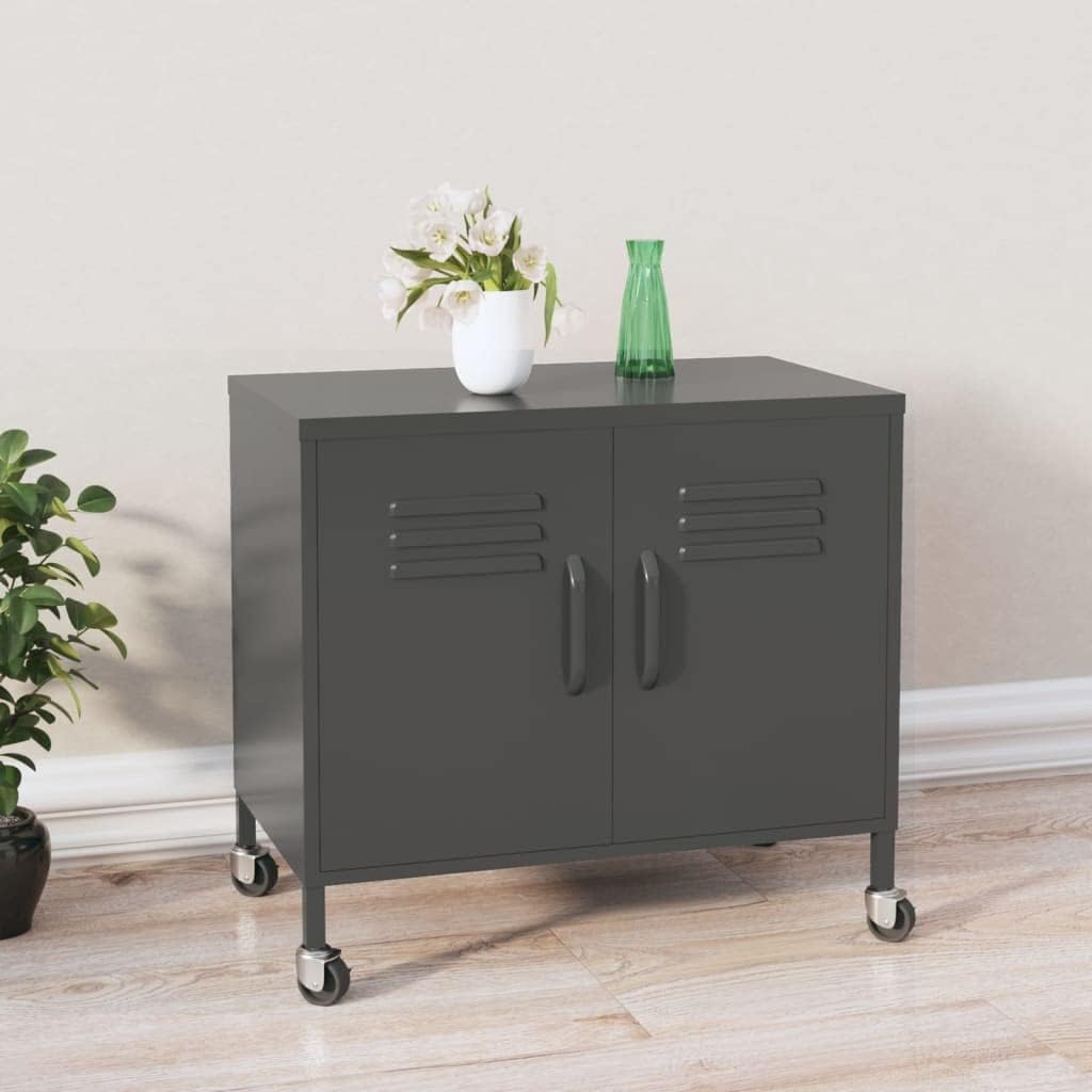 Anthracite Steel Storage Cabinet with Adjustable Shelving and Lockable Wheels, 23.6 x 13.8 x 22.0 Inches, Durable Metal Organizer for Home Office or Living Room