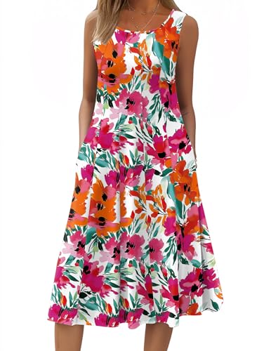 Image of HOTOUCH Summer Casual Dresses for Women Sleeveless Midi Dress Swing Tank Sundress Pleated Tshirt Dress with Pockets