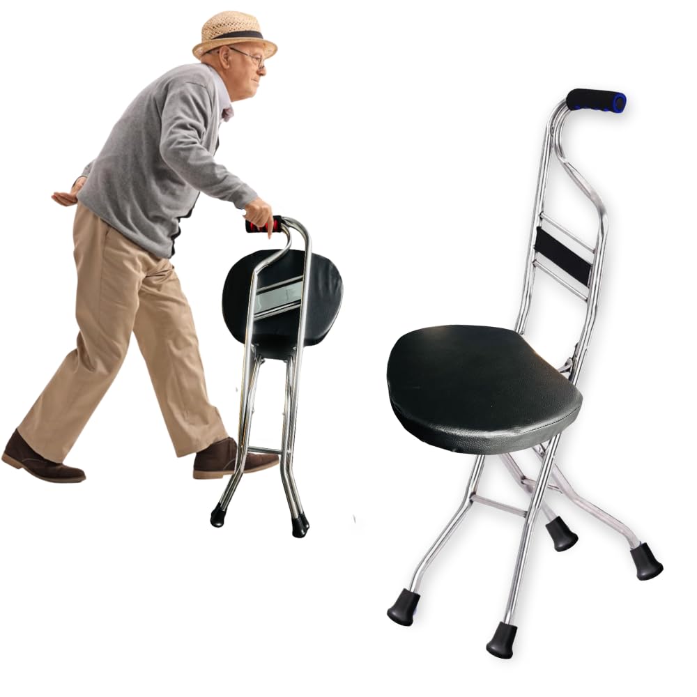 Crysendo New & Improved Walking Stick Cum Seat for Elders | Bigger & More Comfortable Stick Chair Folding Seat Than Before | Easy Carry Cane Chair Travel Hiking Hand Stick Cum Stool (Black)