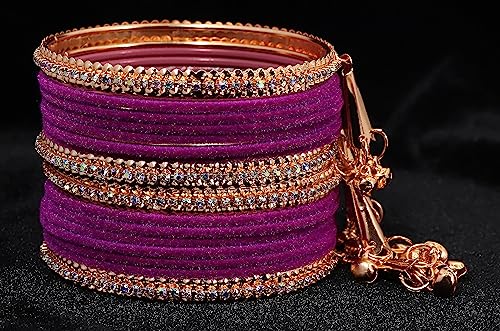 Image of NMII Metal with Zircon Gemstone and Velvet Studded Bells Latkan Bangles Set For Girls and Women I Latkan Bangles, Premium Bangle Bracelet Set I Pack of 16 Bangles