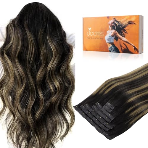 Image of DOORES Real Human Hair Extensions, Natural Black & Mixed Chestnut Brown, 110g, 7pcs, 14 Inch, Seamless Clip In, Straight, Invisi Edge