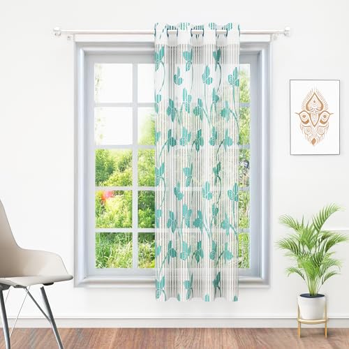 Image of Window Curtains 5 Feet Long Set of 1 | Leaf Design | Polyester | Light Filtering Curtains | Curtains for Living Room | 118 x 152 cm, Teal & White Color | Perfect for Home Decor