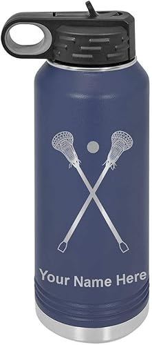 LaserGram Botella de agua de doble pared con tapa abatible de 40 onzas con pajilla, palitos de lacrosse, grabado personalizado incluido (azul marino)