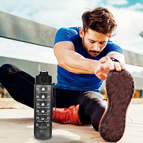 32Oz Motivational Water Bottle With Time Marker, Reusable Plastic Water Bottles, Squeezing Ejection Opening Bpa Free With Leakproof Wide Mouth & Fast Water Flowing (Black) #TOP4