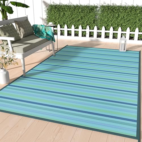 Image of GENIMO Outdoor Rug, Waterproof Plastic Rugs for Patio, 6'x9' Light Blue | Outside Larger Modern Carpet Mat for Porch Decor, Deck, Balcony, Camping, RV, Backyard, Picnic, Beach, Reversible, Foldable