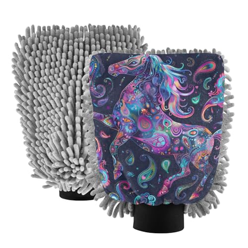 IOACIY Absorbent Microfiber Car Wash Drying Mitts, 2 Pack, Scratch-Free & Lint-Free, Rich Foam, Highly Absorbent, Double Sided, Wash Mitt Perfect for Car Washing, L, Horse (1)