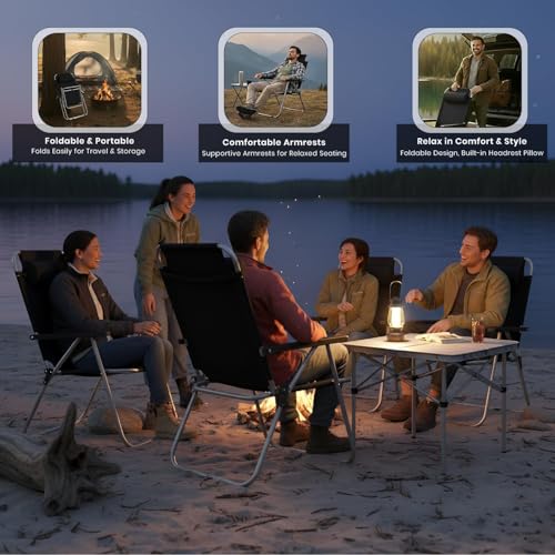 Image of ORILEY Camping Chair with Adjustable Pillow and Arm Rest Portable & Lightweight Foldable Garden Fishing Chairs for Travelling Outdoor Beach Hiking (Large, Black)