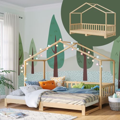 Bellabino Bia Kinderbett 90x200 cm – Hausbett ausziehbar auf 180x200 cm mit Lattenrost – Montessori Kinder Bett aus Massivholz Kiefer – Bett...