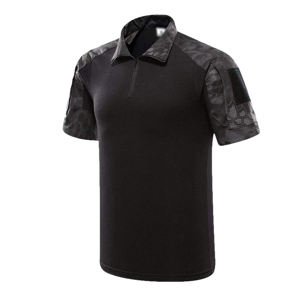 Zhiyuanan Men's Black Python Pattern Tactical Military T Shirts, Slim Fit Short Sleeve Lapel Button Camo Combat Shirt With Zipper Breathable Airsoft Hunting Woodland M