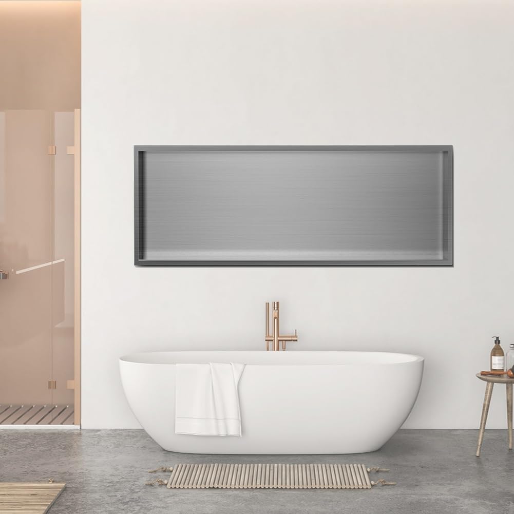 Waterproof Niche wall-Mounted Bathroom Shelf, recessed Niche Storage Rack,Stainless Steel Shower Niche - Watertight Single-Layer Shelf Insert for Bathroom - 120x28x12.5cm Gray Shower Storage