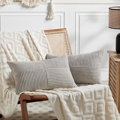 Image of Fancy Homi 2 Packs Neutral Grey Lumbar Decorative Throw Pillow Covers 12x20 Inch for Living Room Couch Bed Sofa, Farmhouse Home Decor, Soft Striped Corduroy Rectangle Accent Cushion Case 30x50 cm