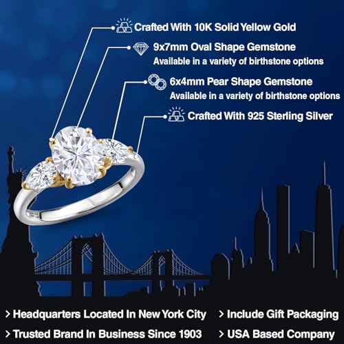 Gem Stone King 925 Silver and 10K Yellow Gold White Moissanite Engagement Ring For Women | 2.90 Cttw | Oval 9X7MM | Gemstone Birthstone | Available in Size 5,6,7,8,92