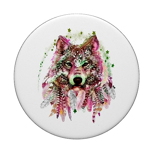 Native American Wolf Head Tribal Bohemian Tattoo Art PopSockets Swappable PopGrip, Black - Image 3