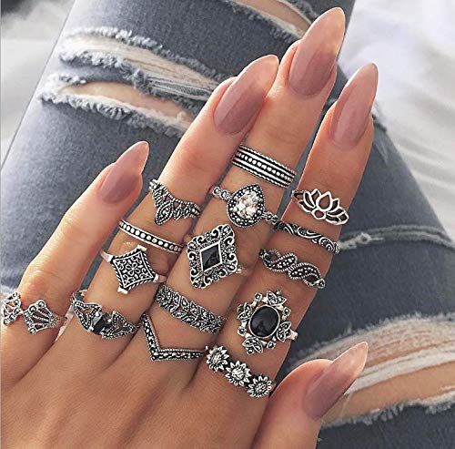 Crysly Boho Mid Knuckle Rings Silver Joint Finger Ring Crystal Stacking Rings Set for Women and Girls(15Pcs)