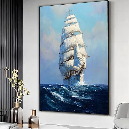 Toile voilier et vagues océaniques avec cadre intérieur déco marine 21x30 cm