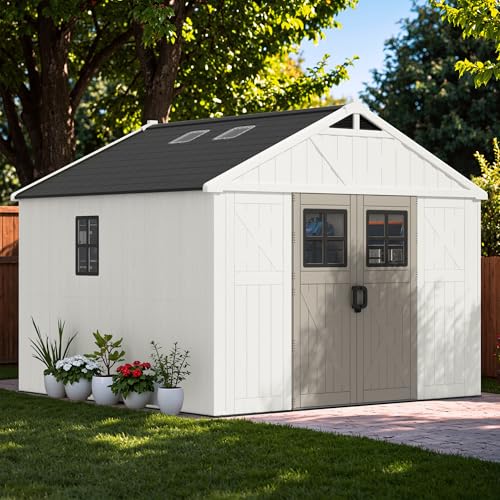 Greesum 10x10 FT Plastic Outdoor Storage Shed with Floor, Resin Sheds with Windows and Skylights, Weather Resistant Organization with Lockable Door, for Garden, Lawn, Pool Supplies, Beige