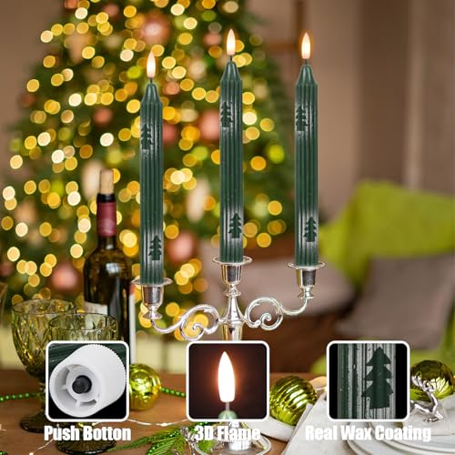 Image of Christmas Flameless Candlesticks, Green Flameless Taper Candles with Remote Timer, 6 Pack LED Tall Candlesticks Battery Operated Real Wax for Christmas Indoor Decorations(0.78 inch x 9.76 inch)