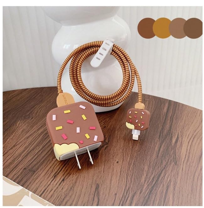 Image of Cable Protector with 3D Cute Pattern for iPhone Charger only18W & 20W | Data Line Wire Saver Charger Protective Cable Full Protection Set of-1 (Brown ICE Cream)