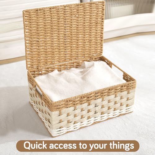Image of HOKIPO Baskets for Clothes with Lid Set of 2 (Large & X-Large) | Foldable Cloth Storage Basket for Wardrobe | Storage Box with Metal Frame & Handles | Closet Organizer Basket for Clothes (AR-6164)