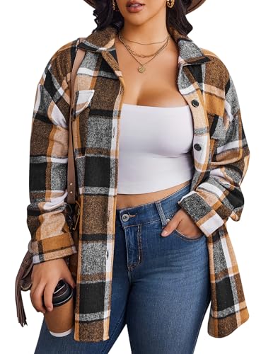 Zeagoo Women's Plus Size Flannel Plaid Shacket Button Down Flannel Shirts Long Sleeve Casual Fall Jacket 2024