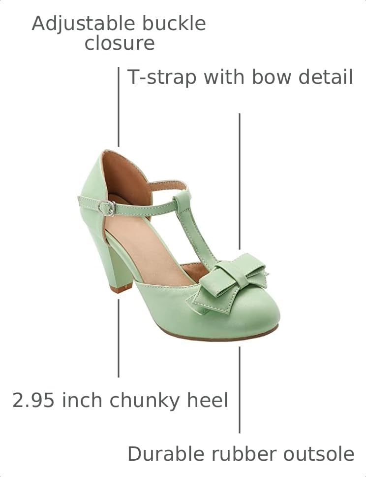 Image of Elbslutt Women's Cute Retro Rockabilly Shoes T Strap Mary Janes Heels Chunky Cosplay Shoes Sweet Block Heeled Bow Pumps
