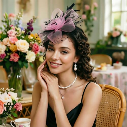 Image of DRESHOW Fascinators Hat Flower Mesh Ribbons Feathers on a Headband and a Clip Tea Party Headwear for Girls and Women