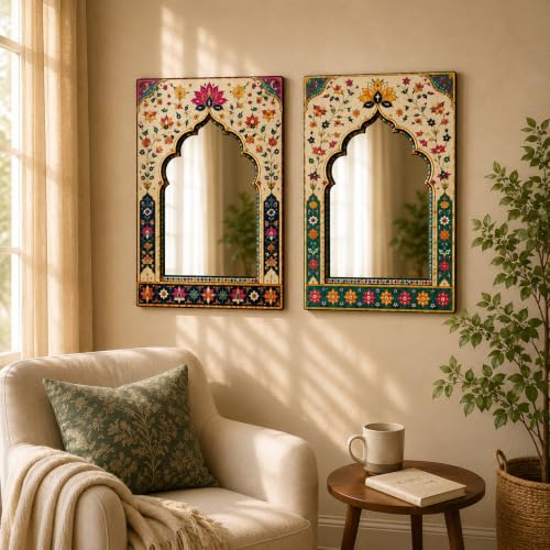 Image of American Elm Pack of 2 Jharokha Mirror Wall Decor for Home Decor Living Room and Entryway Mughal Floral Arch Acrylic Mirror Wall Hanging Ready to Hang