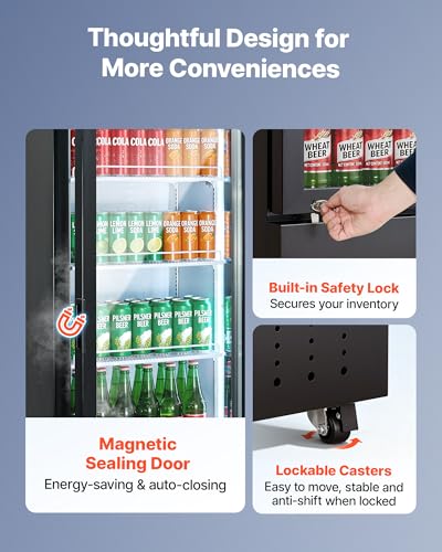 Image of VEVOR Commercial Merchandiser Refrigerator, 12.7 Cu.Ft / 360 L Glass Door Display Refrigerator, Upright Beverage Cooler Fridge with 4 Adjustable Shelves, Soft LED Light & Casters for Homes Shops Bars