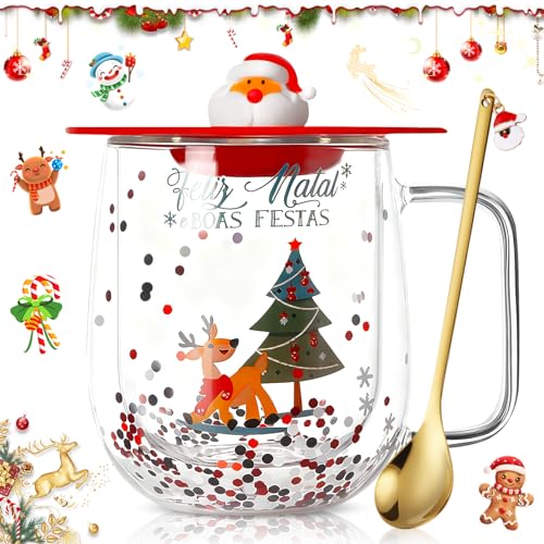 KDISHKRA Taza de Café de Navidad, Tazas de Vidrio Doble Pared con Tapa y Cuchara Dorada, Tazas Expreso de Vidrio, Adornos navideños Regalos Navidad para Mujeres Hombres Niño Amigos colegas KDISHKRA Taza de Café de Navidad, Tazas de Vidrio Doble Pared con Tapa y Cuchara Dorada, Tazas Expreso de Vidrio, Adornos navideños Regalos Navidad para Mujeres Hombres Niño Amigos colegas