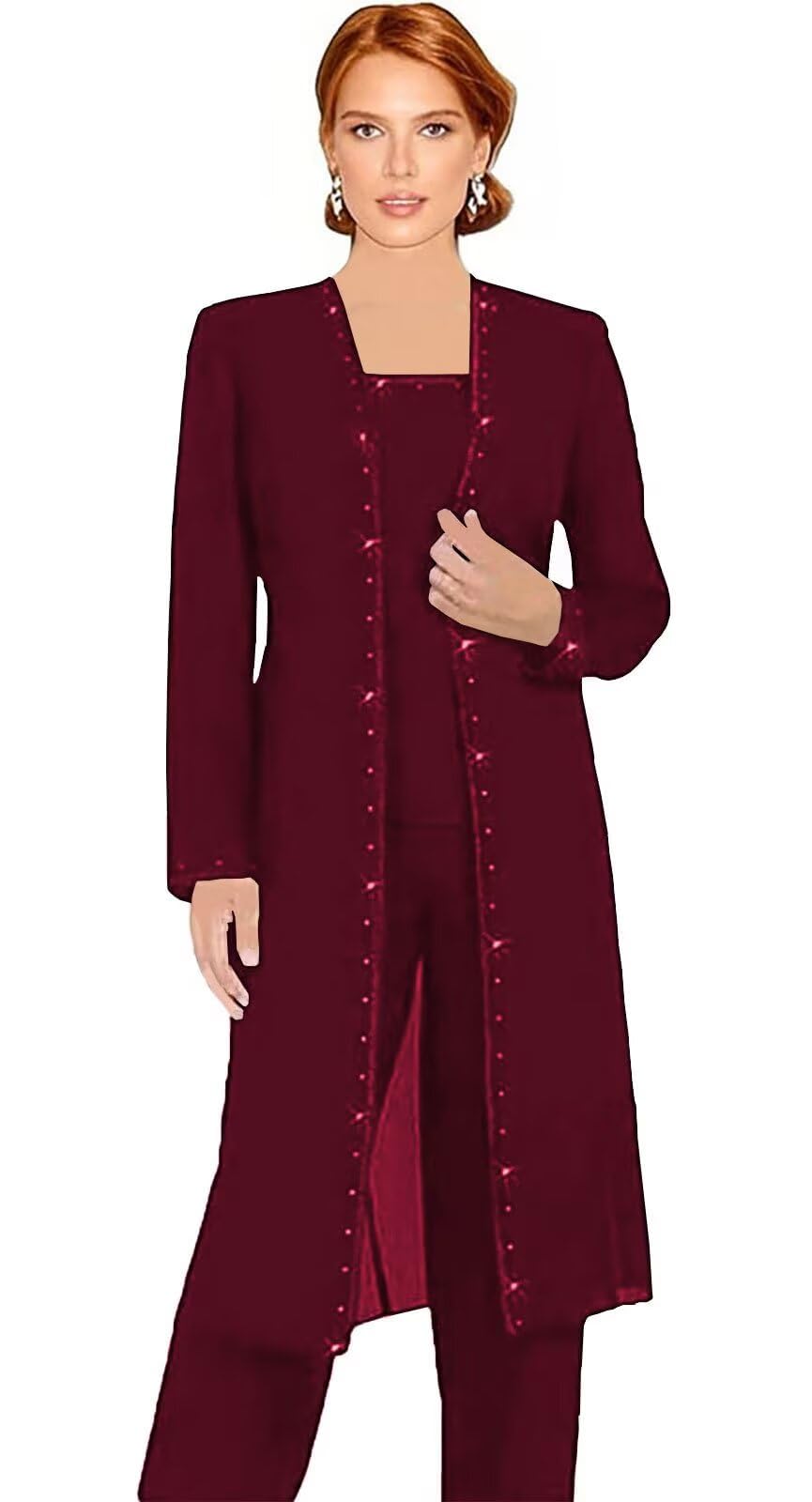 3 Pieces Chiffon Mother of The Bride Pant Suits for Women Dressy - Long Sleeve Beaded Grandmother of