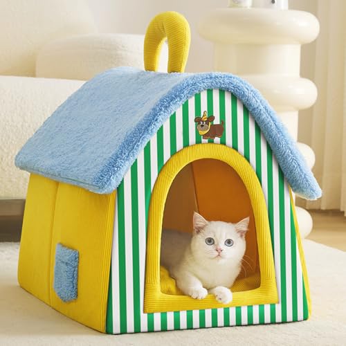 猫 ベッド 暖かい ペットハウス 冬用 ペットベッド 小型犬用 猫ハウス 屋根 犬ベッド 可愛い 犬ハウス 寒さ対策 室内 滑り止め ふわふわ ぐっすり眠る クッション付き 猫犬用 洗える 保温 快適 Pイエロー