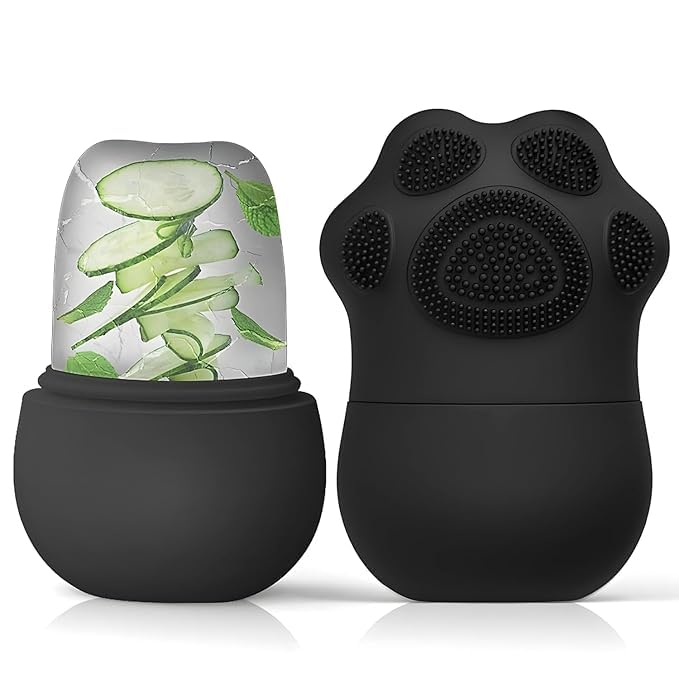 Image of 2-in-1 Ice Roller with Silicone Face Scrubber & Silicone Face Ice Bowl with Built-in Ice Tray - Combo Pack of 2 | BPA-Free | Reusable | for De-Puffing, Deep Cleansing & Skin Tightening (Black)