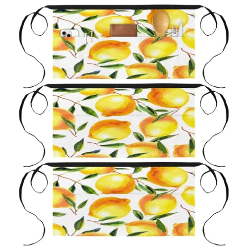 Tablier court lot de 3 avec 3 poches au motif citron fruit pour le service en bar