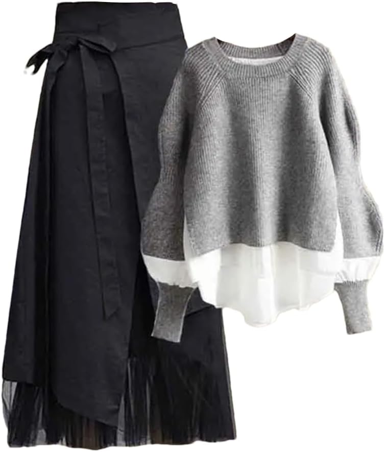 Spring and Autumn Set Women's Splice Fake Two Piece Top Reduced Age Half Skirt Two Piece Set
