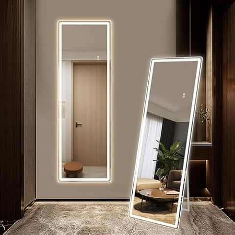 Bedduvit Full Length Mirror with Lights, 64"x21" LED Full Body Mirror, Floor Mirror Freestanding Touch Control Mirror, Wall Mounted Mirror for Bedroom, Living Room, Dimmable & 3 Color Modes, White Cover