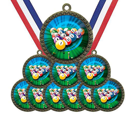 Large 2-1/2 inch Diameter Metal Antique Gold Pool Billiards 8 9 Ball Medals Star Award Trophy Champion Winner with Red White and Blue Neck Ribbons (Pack of 10)
