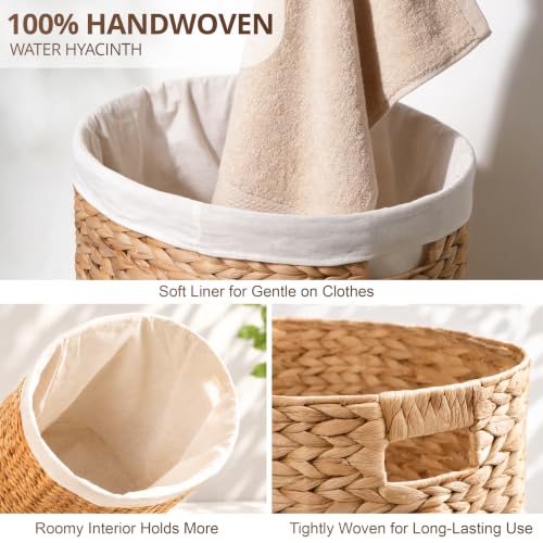Image of Woven Laundry Basket - Large Wicker Hamper for Clothes Storage - Round Rattan Laundry Hamper - Water Hyacinth Storage Basket (Natural Brown, 17.7 x 15 x 21.7 in)