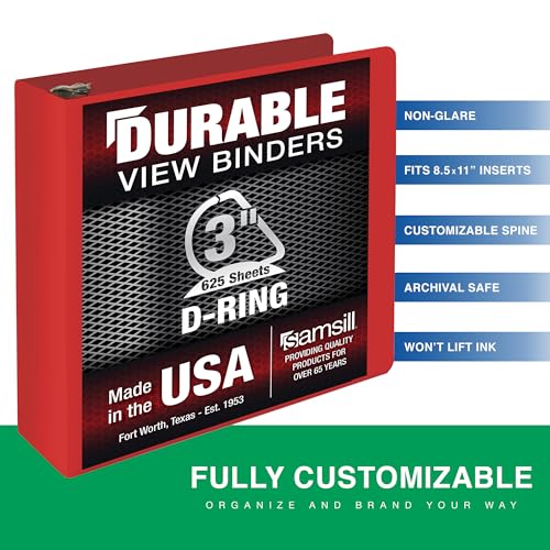 Image of Samsill Durable 3 Inch Binder, D Ring Binder, Customizable Clear View Cover, Ruby Red, Holds 625 Pages