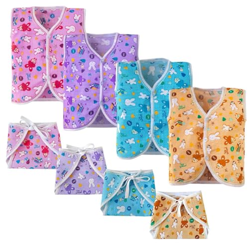Image of TS LAVI TAVI Baby Sleeveless Jabla & Nappy Set Combo Pack of 4 | Soft Cotton Front Open Vest with Langot for Newborn Baby Boys & Girls | Multicolor Printed Infant Clothing Set (Combo 2, 0-3 Months)